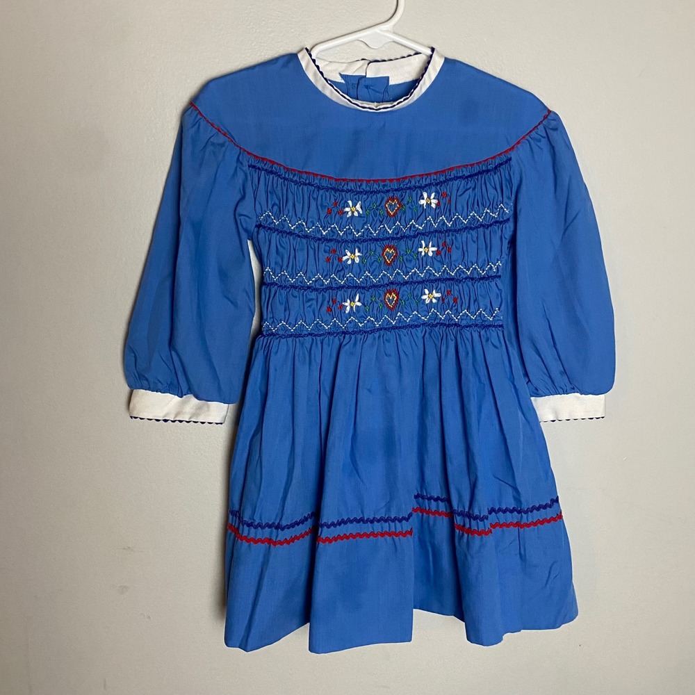 Vintage Polly Flinders Girls Size 5 Blue Hand Smocked Dress‎ Floral Cottagecore